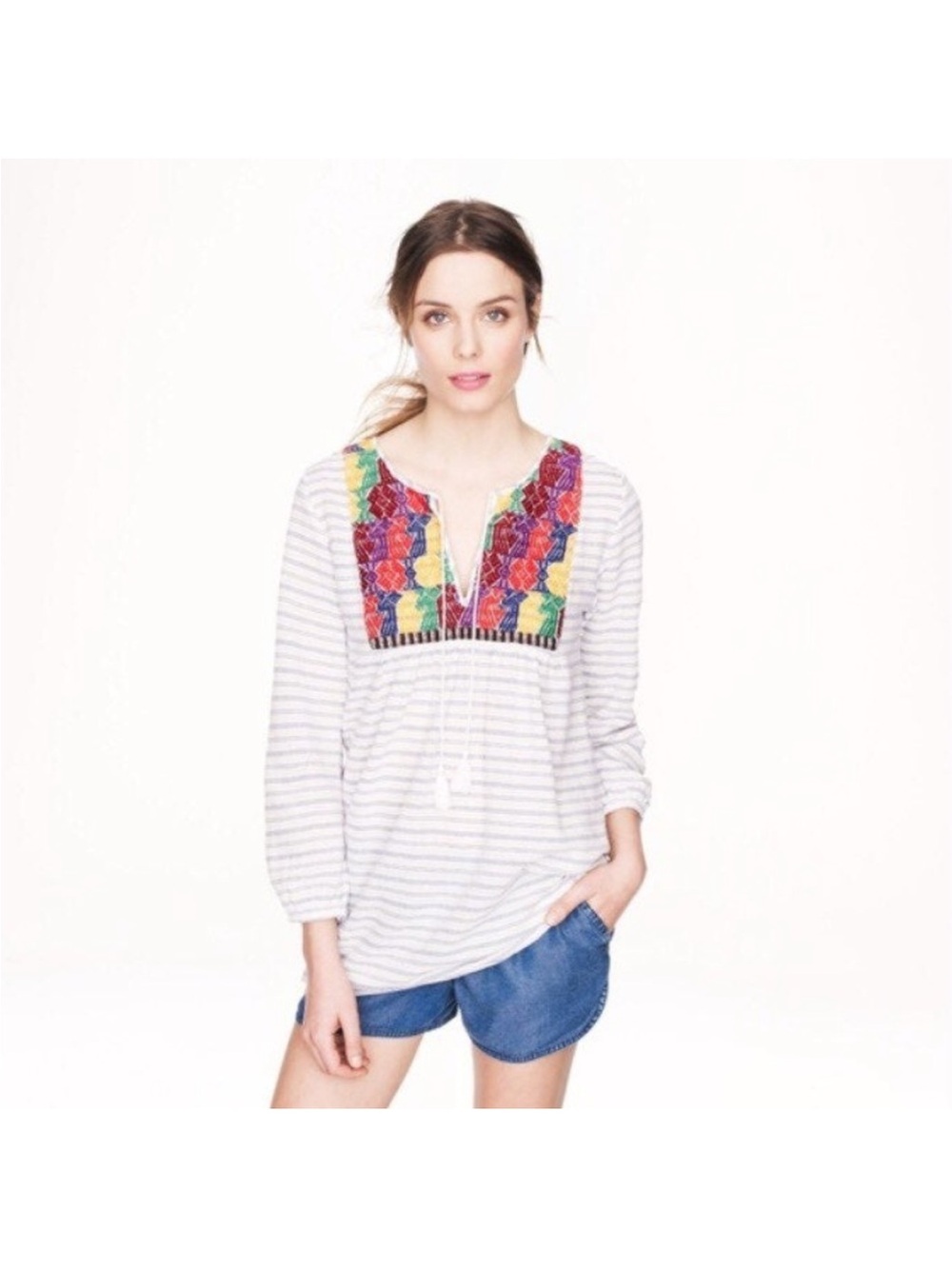 J. Crew Striped Gauze Cotton Embroidered Tunic Top Boho Size XS GUC L1756